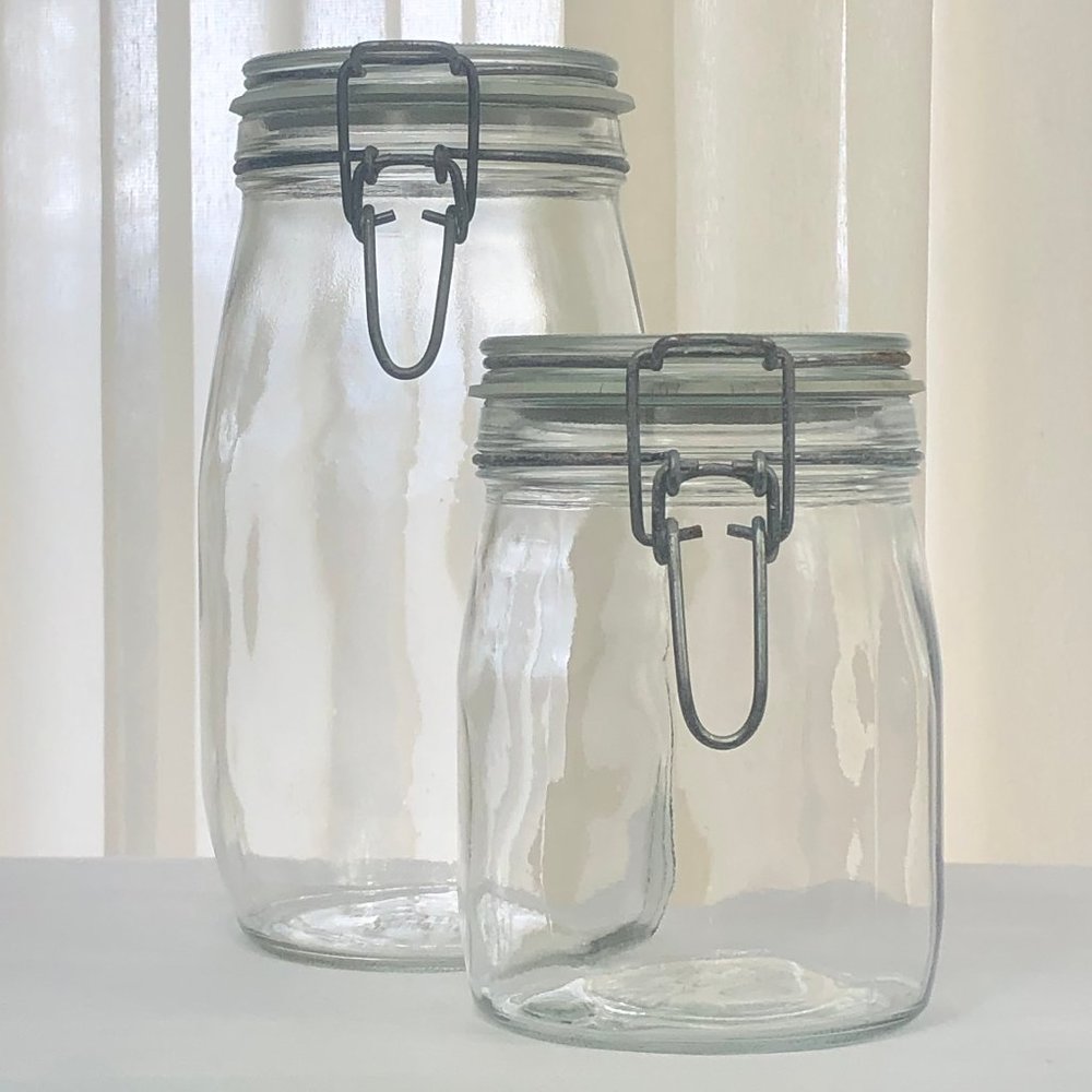 Two (2) Vintage Glass Bail & Trigger Jar Canisters